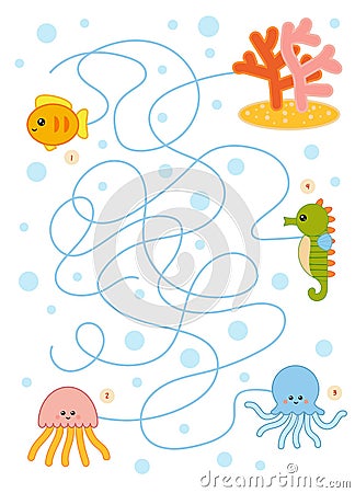Maze game for children, Fish, Octopus, Jelly fish, Sea horse Vector Illustration