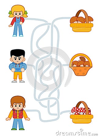 Maze game for children, Kids and baskets with mushrooms Vector Illustration