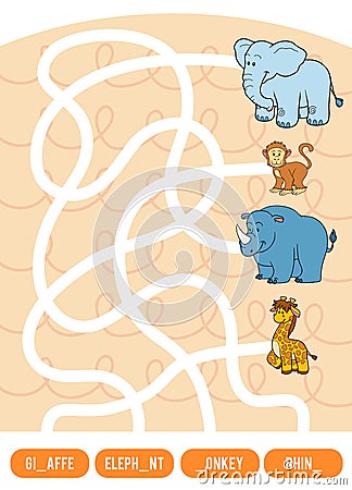 Maze game for children. Giraffe, Elephant, Monkey and Rhino Vector Illustration