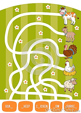 Maze game for children. Goat, Cow, Chicken, Turkey and Sheep Vector Illustration