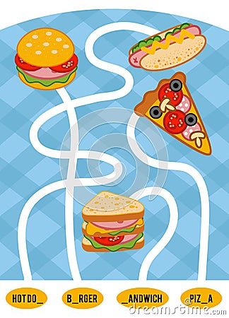 Maze game for children. Set of food Vector Illustration