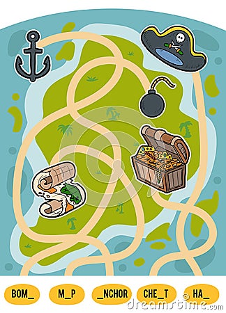 Maze game for children, set of pirate items Vector Illustration