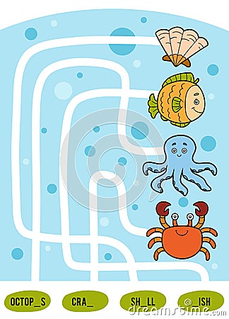 Maze game for children. Set of sea animals Vector Illustration