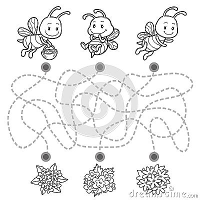 Maze game for children. Help the bees to find their way Vector Illustration