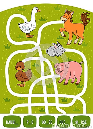 Maze game for children. Rabbit, Duck, Pig, Goose and Horse Vector Illustration