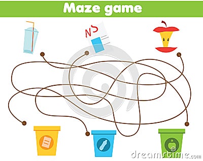 Maze game for children. Waste sorting theme. Sort garbage by type. Educational activity for kids and toddlers Vector Illustration