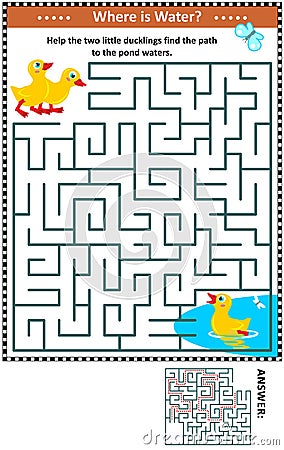 Maze game with ducklings and pond Vector Illustration