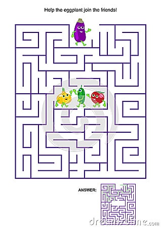 Maze game with eggplant and his vegetable friends Vector Illustration