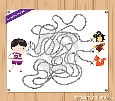 Maze Game. funny kid try to find animals Stock Photo