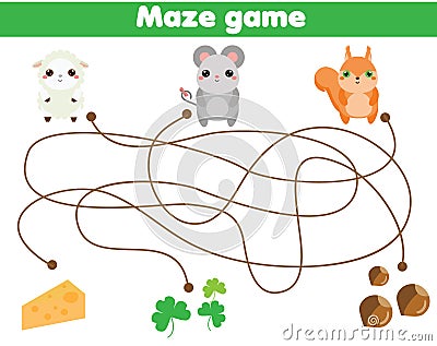 Maze game. Help animals find food. Activity for children and kids Vector Illustration