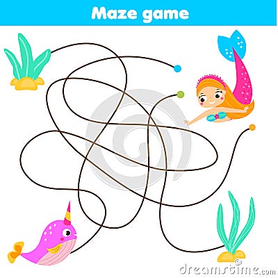 Maze game. Help mermaid find narwhal. Activity for children and kids Vector Illustration