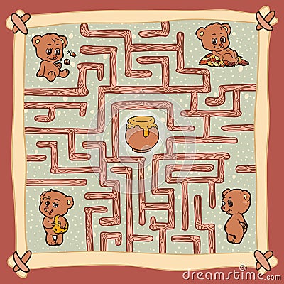 Maze game: Help one of the bears to find a way to honey Vector Illustration