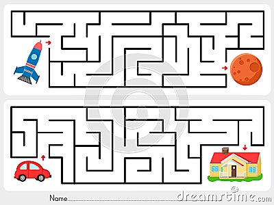 Maze game: Help rocket find the way to mars and help red car find the way to home Vector Illustration