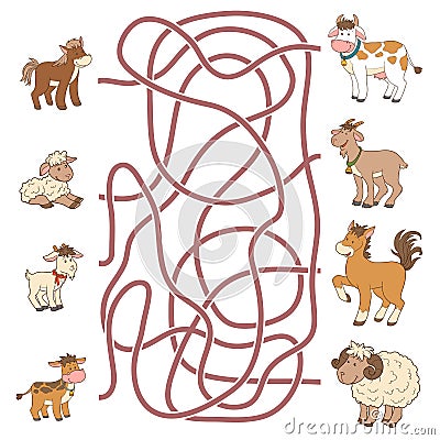 Maze game: help the young find their parents (farm animals) Vector Illustration