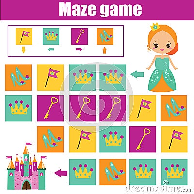 Maze game. Kids activity sheet. Logic labyrinth with code navigation Vector Illustration