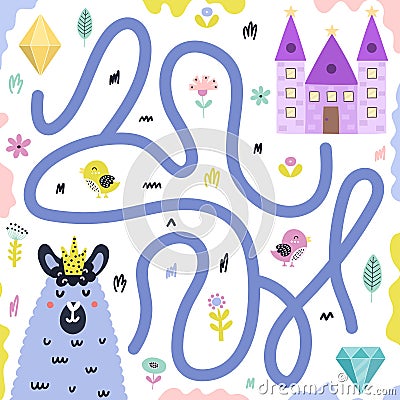 Maze game for kids with funny llama king Vector Illustration