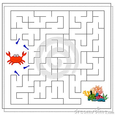 A maze game for kids. Guide the cartoon crab through the maze to the corals. Vector Vector Illustration