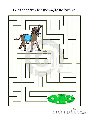 Maze game for kids: Help the donkey find his way to the pasture. Stock Photo