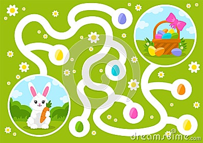 Maze game for kids. Help the Easter bunny collect all the eggs in the basket. Labyrinth for children. Flat vector illustration Vector Illustration