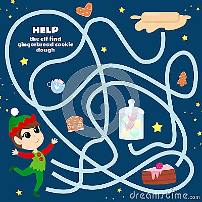 Maze game for kids Help the elf find the gingerbread cookie dough. Worksheet for kindergartens and schools. Vector Illustration