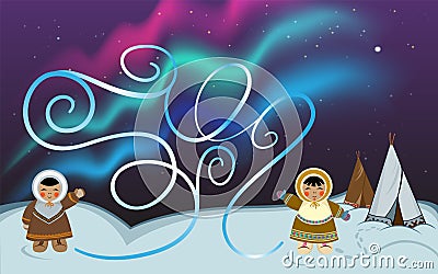 Maze game for kids. Northern people characters in ethnic winter clothes. Vector Illustration