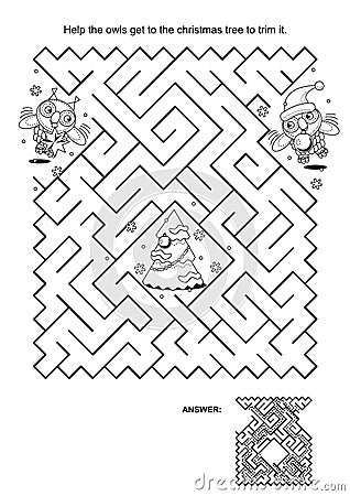 Maze game for kids - owls trim the christmas tree Vector Illustration