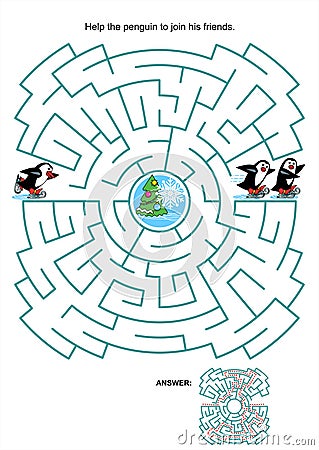 Maze game for kids - skating penguins Vector Illustration