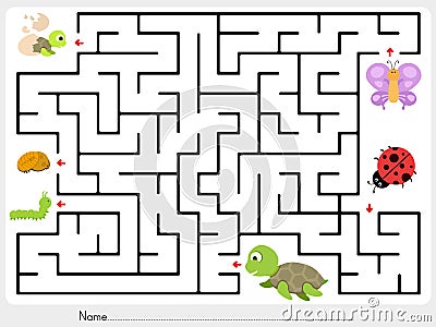 Maze game: Match animal, butterfly ladybug and turtle finding the baby Vector Illustration