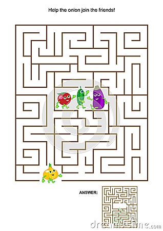 Maze game with onion and his vegetable friends Vector Illustration