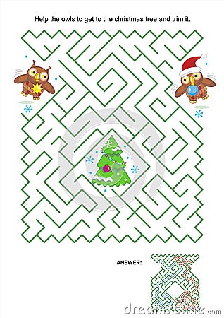 Maze game - owls trim the christmas tree Vector Illustration