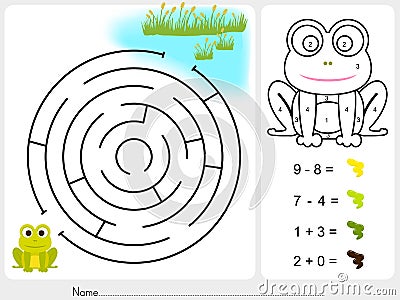 Maze game,Paint color by numbers - Worksheet for education Vector Illustration
