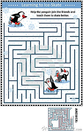 Maze game with penguins learning to ice skate Vector Illustration