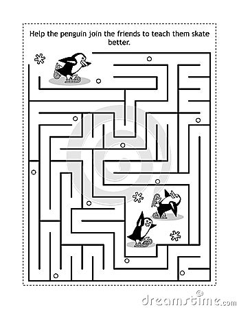 Maze game with penguins learning to ice skate Vector Illustration