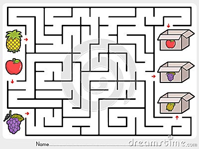 Maze game: Pick fruits box - Sheet for education Vector Illustration