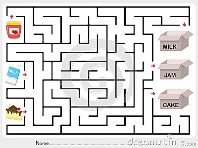 Maze game: Pick jam, milk and cake to box Vector Illustration