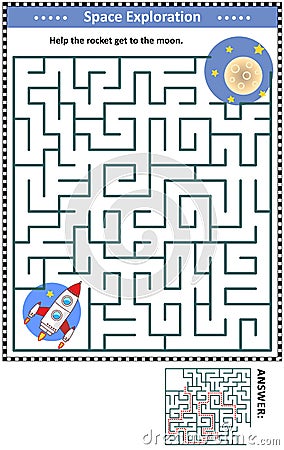 Maze game with rocket and moon Vector Illustration