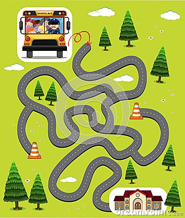 Maze game template with kids in school bus Vector Illustration