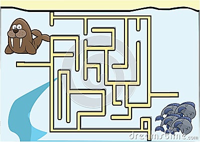 Maze Game Walrus To Fish Color Illustration Vector Illustration