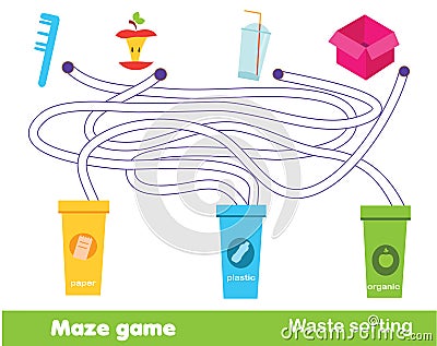Maze game: waste sorting. Put trash into garbage bins. Ecology theme activity for children and kids Vector Illustration