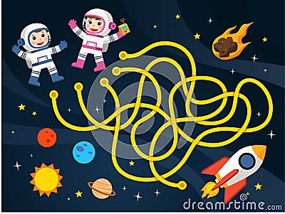 Maze games find the path for Astronaut with space and spaceship theme collection. Vector Illustration