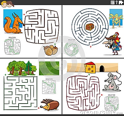 maze games set with funny cartoon characters Vector Illustration