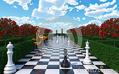 Maze garden 3d render illustration. Chess, golden flamingo, trees with red flowers and clouds in the sky. Alice in wonderland Cartoon Illustration