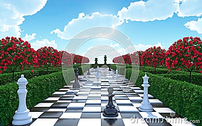 Maze garden 3d render illustration. Chess, trees with red flowers and clouds in the sky. Alice in wonderland theme Cartoon Illustration