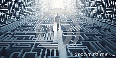 A maze with a human figure navigating through it, displayed against a challenging, problem-solving background, concept Stock Photo