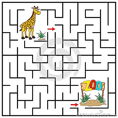 Maze or Labyrinth for Children with cartoon Giraffe. Find right way to the Zoo. Answer under the layer. Square puzzle Game. Vector Illustration