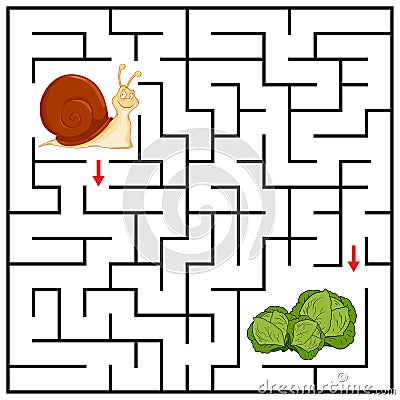 Maze or Labyrinth for Children with cartoon Snail. Find right way to Cabbage. Answer under the layer. Square puzzle Game. Vector Illustration