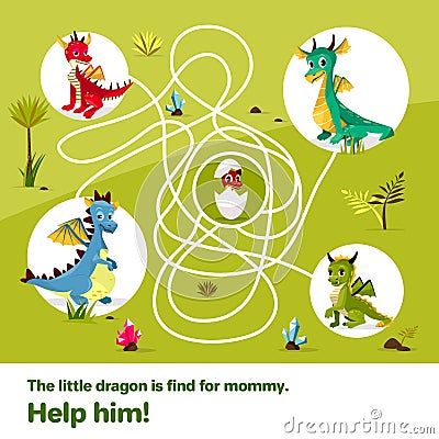 Maze labyrinth children game vector cartoon illustration of dragons help find way to child egg on tangled way Vector Illustration