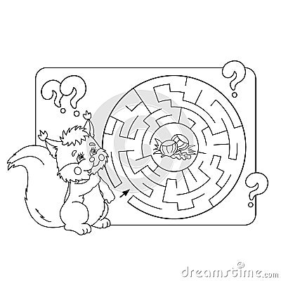 Maze or Labyrinth Game for Preschool Children. Puzzle. Coloring Page Outline Of squirrel with nuts Vector Illustration