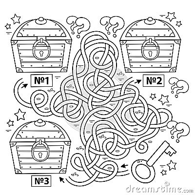 Maze or Labyrinth Game for Preschool Children. Puzzle. Tangled Road. Coloring Page Outline Of Cartoon key and closed treasure Vector Illustration