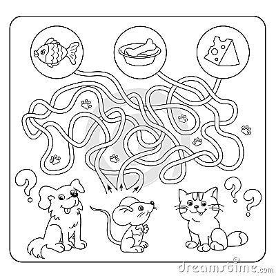 Maze or Labyrinth Game for Preschool Children. Puzzle. Tangled Road. Matching Game. Cartoon Animals and their Favorite Food Vector Illustration